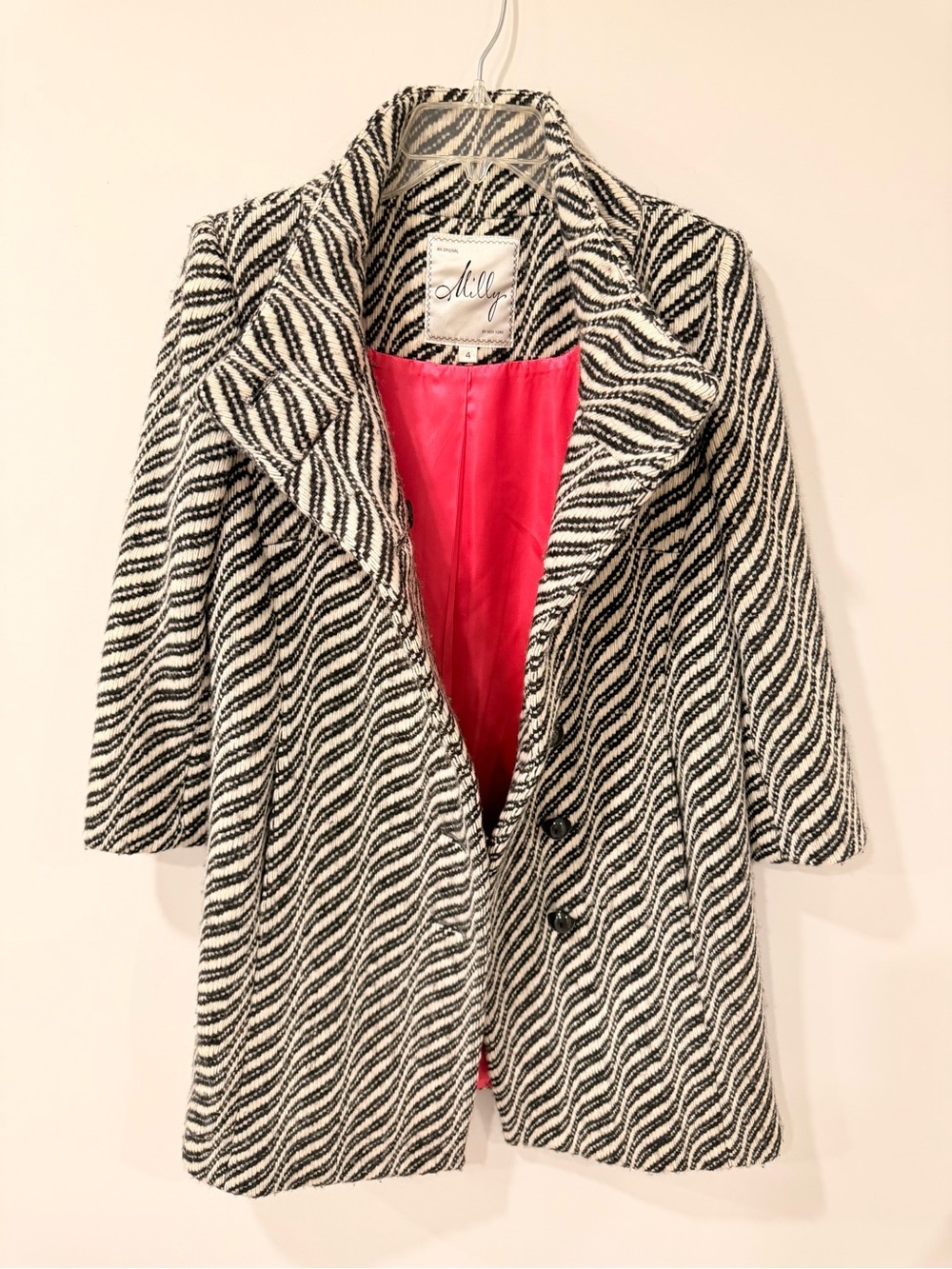 Milly of New York Textured Wool Black Ivory Zig Zag Pattern  Coat Size 4